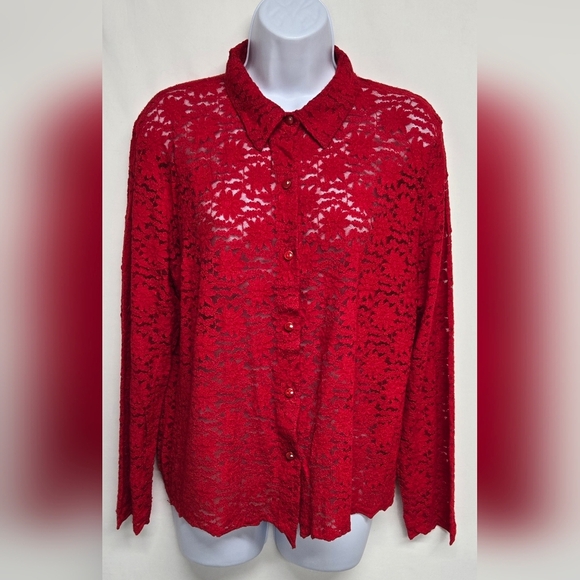 Sag Harbor M Fire Engine Red Sheer Floral Lace Long Sleeve Button Down Top - Picture 1 of 4